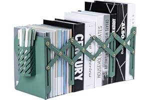 HMSENG Book Ends, Adjustable Metal Bookends Book Holders for Shelves, Desk Magazine File Organizer Holder for Office, Books, Papers, Extends up to 19 inches.Scratch-Resistant Hand Coating-Green