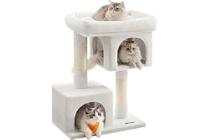 Feandrea Cat Tree Tower, 84 cm, L, for Large Cats up to 7 kg, Large Perch, 2 Caves, Scratching Post, Cream White PCT061T01V1