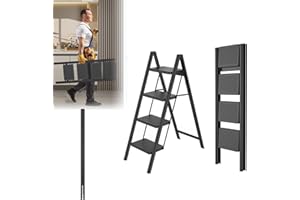 LARS360 Escabeau pliable à 4 marches - Échelle en acier - Tapis en caoutchouc antidérapant - Marches élargies - Charge maximale : 250 kg - Pour la maison, le bureau, le garage - Noir