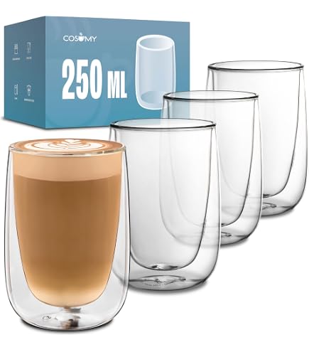 UptVin Set di 4 Bicchieri da Caffè Rigati, Bicchieri-caffè da 300ML, Tazze Trasparenti per Caffè Freddo con Spazzola in Spugna, Bicchieri Impilabili per Cocktail, Whisky, Tè, Soda