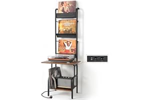 Bikoney Soporte Tocadiscos con Toma de Corriente, Vinilos Discos Almacenamiento con Almacenamiento de Vinilos Armario Tocadiscos hasta 300 Albumes Estante Expositor de Vinilos
