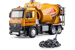 HAPYAD Cement Mixer Toy Truck Metal Cab, Big Construction Truck with Lights Sounds and Working Movable Parts, Friction Powered Construction Vehicles for Boys and Girls, Yellow