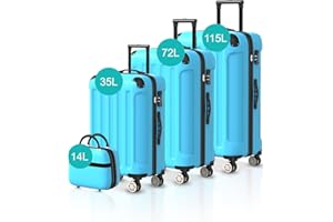 Voyagoux Kofferset 4 teilig - 14L, 35L, 72L, 115L, Hartschalenkoffer set, TSA-Schloss, ABS, 4X 360° Rollen, Robust und Leichtgewicht Suitcase, Hellblau