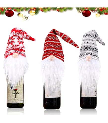 Qunkun 3 stuks Kerst wijnfles afdekking, gezichtsloze kerstman, wijnfles hoed, flanel materiaal flessentas kerstman afbeelding flessen afdekking voor Kerstmis tafeldecoratie