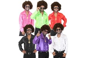 I LOVE FANCY DRESS MENS 70S DISCO FANCY DRESS COSTUME NIGHT FEVER COSTUME - BROWN AFRO WIG, DISCO SHIRT, GOLD MEDALLION AND STYLE SUNGLASSES - FUNKY FANCY DRESS COSTUME