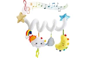 Aceshop Spiral Pram Toys for Babies,Wrap-Around Pushchair Spiral Toy Spiral Activity Hanging Toys with Music Box Rattle BB Device Spiral Plush Toy for Pram Car Seat Pushchair Stroller for Baby (White)