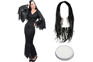 I LOVE FANCY DRESS Ladies Halloween Vampire Costume - Long Black Dress with Jagged Edges, Long Black Wig and White Facepaint - Ladies Vampiress Halloween Fancy Dress Costume