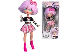 4SF - Hello Kitty Manga Doll Teddy Rock, Muñeca Fashion Japonesa con Looks a la Moda Manga, Figura de 19,5 cm con 15 Puntos de Articulación, Pelo Morado, Accesorios Incluidos, Famosa (HKTF0100)