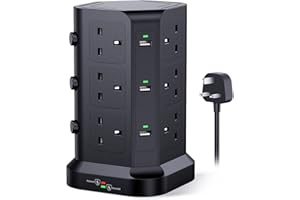 Tower Extension Lead by KOOSLA, [13A 3250W] Surge Protector - 12 AC Outlets & 6 USB Ports Multi Plug Socket Power Strip with Heavy-Duty Extension Cable 2m for Home, Office Black