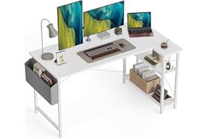 CubiCubi 140 cm Small L Shaped Computer Desk with Storage Shelves Home Office Corner Desk Study Writing Table, White