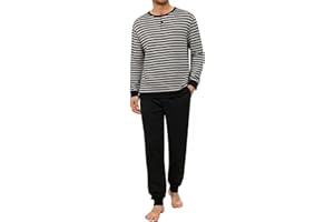 Crewhpo Pijama Hombre Largo Invierno Conjunto de Pijamas Manga Larga Algodón Ropa de Dormir 2 Piezas Cuello Redonde Tops Pijama y Pantalones
