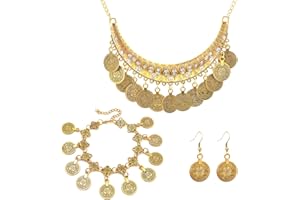 XQMMGO 4 Stück Wahrsagerin Schmuck Set, Indisch, Zigeuner Kostüm Accessoires, Ketten Gold set, Vergoldetes Bauchtanz-Schmuckset für Frauen, Für Mottoparty, Karneval