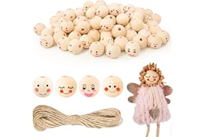 Furuising 100Pcs Smile Wooden Beads, 20mm Wooden Beads for Crafting, 4 Styles, Round Doll Head with 4.5mm Holes, 10m Jute String for Macrame Decorations DIY