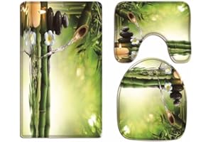 A.Monamour Bathroom Bath Mat 3-Piece Set Yoga Zen Meditation Idea Green Bamboo Water Natural Landscape Rug for the Toilet Flannel Absorbent Bath Mat Bath Mat Bathroom Set Toilet Mat