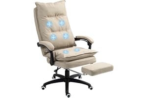 Vinsetto Fotel biurowy do masażu, krzesło biurowe, ergonomiczne krzesło z regulowaną wysokością, odchylane oparcie, wbudowany podnóżek i pilot przewodowy, obrotowy o 360°, wygląd lnu, beżowy
