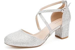 Greatonu Womens Court Shoes Mid Heel Chunky Dress Sandals Ladies Ankle Strap Wedding Party Pumps