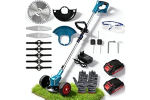 Cortadora de césped inalámbrica, cortadora de césped a batería con 2 baterías de 1500 mAh, desbrozadora eléctrica Ajustable, Recortadora de Bordes con Mango telescópico y Ruedas adicionales