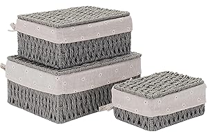 Kongming 3 pezzi Cestino Portaoggetti porta Coperchi e Fodera rimovibile, Scatole Portaoggetti impilabile Cesto Vimini Intrecciato per Camerette, Cassetti, Cucine, Bagno, Soggiorno (grigio)