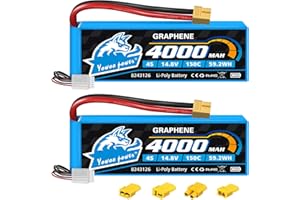 YOWOO POWER Yowoo 2PCS 4S Lipo Batterie 4000mAh 14,8V 150C Graphène Lipo avec fiche XT60 pour RC Evader BX Auto Buggy Boot Drones Slash Échelle 1/10 Racing Truck Racing Heli Avion (EC3/Deans/Traxxas/Tamiya)