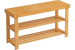 SONGMICS Shoe Rack Bench, 3-Tier Bamboo Shoe Storage Organiser, Hallway Bench, Holds Up to 130 kg, 28.7 x 90 x 45.3 cm, for Entryway, Bathroom, Bedroom, Natural LBS90N