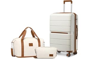 British Traveller Maleta de Viaje con Bolsa de Viaje Maleta de Cabina Polipropileno Rígida Ligera con Cerradura TSA (55x37x22cm, Blanco)