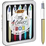 BIC Balpen 4 kleuren, set van 5 pennen in metalen doos met 3 Colours Shine en 2 Colours Fun stiften, My 4 Colours Box