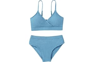 NAIYAFLY Girl's 2 Piece Swimsuit Solid Spaghetti Ribbed Bikini Sets Crop Top Brazilian High Waisted Beach Bathing Suit Swimwear for Teen Kids 8 9 10 11 12 13 14 Years