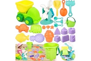 POWZOO Juguetes Playa,24 Piezas Juguetes de Playa para Niños,con Cubo,Moldes de Arena, Rueda de Agua,Camión de Arena,Palas y Rastrillo,Juegos de Playa para Niño Niña 1 2 3 4 Años Exterior Regalo.