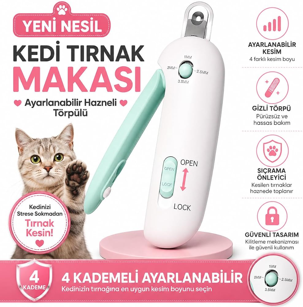 Ayarlanabilir Hazneli Törpülü Kedi Köpek Tırnak Makası - Yeşil | 4 Kademeli Ayar, Sıçrama Önleyici Hazne, Gizli Törpü, Kilit Mekanizmalı, Güvenli Tasarım