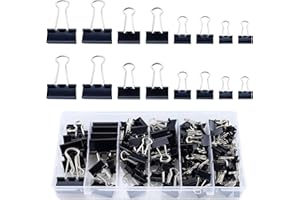 EASYKEENECOM Lot de 115 pinces à papier pliantes noires - 15 mm/19 mm/25 mm/32 mm dans une boîte - Clips de reliure en métal - Pinces polyvalentes pour fournitures de bureau, papier et documents (noir)