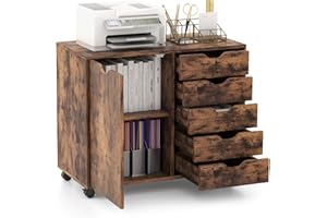 KOMFOTTEU Aktenschrank mit Rollen, Rollcontainer mit 5 Schubladen, Schubladenschrank Bürocontainer Druckertisch Holz, Bürowagen Bürocontainer weiß, 79x39x65 cm (Braun)