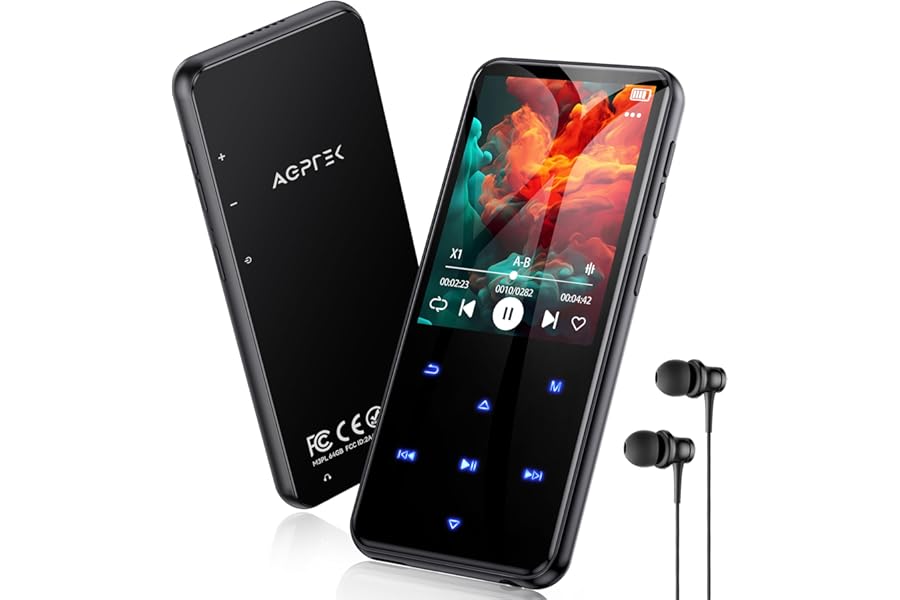 AGPTEK MP3 Player with Bluetooth 5.3, 64GB Internal Memory Expandable up to 128GB, 2.4 Inch Music Player with Speaker and FM Radio, Earphone Included