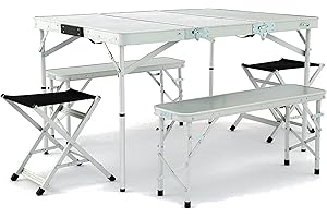 Hi-Gear Elite Picnic Table Set with Table, 2 Benches & 2 Stools, Lightweight, Folding, Easy to Assemble, Ideal for Camping, Festivals, Picnics, the Beach & Garden, includes Carry Bag, Silver