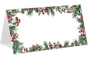 Whaline 100Pcs Christmas Place Cards 2 x 3.5 Inch Holly Berry with Pine Branch Cone Tented Cards Seating Cards for Xmas Wedding Bridal Shower Birthday Party Table Setting