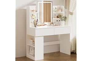 Airfish Schminktisch mit Beleuchtung, Schminktisch mit Spiegel und Verdeckter LED Lichtleiste, DREI Farbtemperaturen und Helligkeit Einstellbar, Zwei Schubladen und EIN Anrichten, Weiß