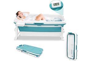 LZQ Faltbare Badewanne Erwachsene mit Temperaturanzeige Mobile badewanne Foldable Bathtub mit Abdeckung Klappbadewanne mit Korb für Badezimmer,Dusche und Balkon 132×61×54cm