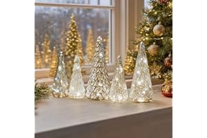 MOFIC Set of 5 Illuminated Mercury Glass Trees, 2026 New Mercury Glass Christmas Trees with Lights, Silver Christmas Decorations Tree Figurine for Xmas Decor Home Party Centerpiece Mantel Gift (Silver)