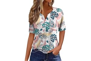 RMBLYFEIYE Tunika Damen Sommer V-Ausschnitt Blumen Bedruckt Blusenshirt Mit Knopfleiste Henley Shirt Locker Laufshirt Hemdbluse Festliche Oberteile Leichte Freizeitshirt Sommer Poloshirt Oversize Shirt