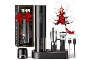 GHB Tire-Bouchon Electrique Rechargeable Ouvre Bouteille Electrique avec Socle, Coupe-Capsule, Verseur, Bouchon à Vin Cadeau de Noël pour Les Amateurs de Vin (Incluse Câble USB Type-C)