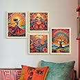 ArtX Paper Madhubani Art Paintings with Frame for Home Decor, Wall Painting for Living Room, Multicolor, Natural Wood Color Frames, Set of 4