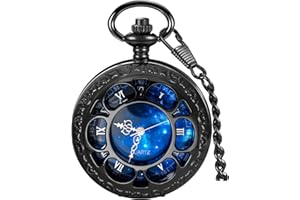 Tiong Quartz Pocket Watch Hollow Steampunk Blue Star Design Roman Numerals Pocket Watch with Chain Christmas Gifts