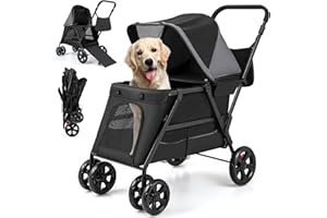 Maxmass Pet Stroller, Travel Dog Buggy with Adjustable Canopy, Safety Belt, Dual Entry and Ramp, Foldable Puppy Pushchair for Small Medium Dogs Cats
