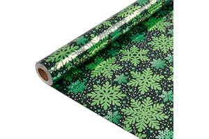 BIULDPY Rollo de papel de regalo verde de 10 m, 43 cm, papel de regalo navideño negro con estampado de copos de nieve brillantes para decoración de regalos de cumpleaños y Navidad.