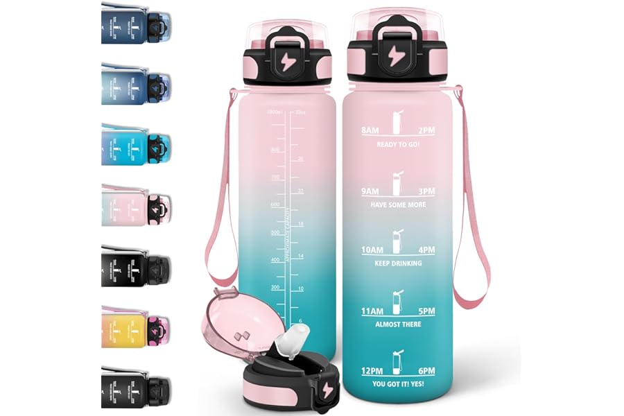 Motswedi 1L Water Bottle with Straw, Gym Water Bottle, Leak Proof, Water Bottle, with Time Mark, Water Bottle for Tennis Court, Office, Camping, Bicycle - Pink & Cyan