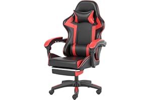 ADOV Silla Gaming con Reposapiés y Cojín Lumbar, Silla Gamer Ergonómica Reclinable 90°-140° con Reposacabezas para Adultos, Silla Escritorio con Altura Ajustable y Ruedas 360°, Cuero PU (Negro/Rojo)