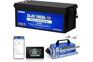 DCHOUSE Litium Golfbilsbatteri på 36 V, 100 Ah, Lifepo4-batteri med 36 V, 25 A-laddare, Bluetooth-mobil app och LCD-skärm, inbyggd smart 200 A BMS, toppström 670 A