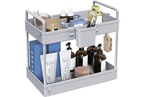 SOLEJAZZ Almacenamiento debajo del fregadero de 2 niveles, organizador de encimera de baño, soporte cosmético, bandeja de baño con divisores, 34 x 22 x 39 cm, gris
