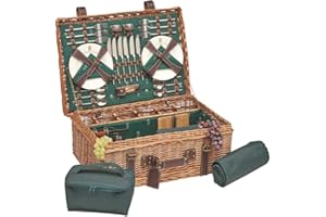 Les Jardins de la Comtesse - Picknickkorb Champs-Elysées aus Weidengeflecht und echtem Leder - Dunkelgrün - Für 6 Personen - Komplett Ausgestattet - Keramikteller und Weingläsern - 66 x 44 x 23 cm
