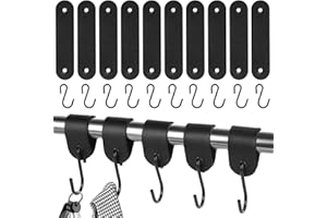 Kixolo Kleiderhaken Garderobe, 10 Stück Haken mit Lederschlaufe, Edelstahl S Haken Schwarz, 12,5 * 3cm, Garderobenhaken Schwarz, Kleiderhaken für Garderobe und Camping (Schwarz)