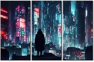 TUMOVO 3 Stück Cyberpunk City voller Neonlichter, Wandkunst, Wandgemälde, Zukunftsstadt-Konzept, Bilder, Druck auf Leinwand, moderne Leinwanddrucke, Wanddekoration, Kunstwerk, gerahmtes Poster, Büro,